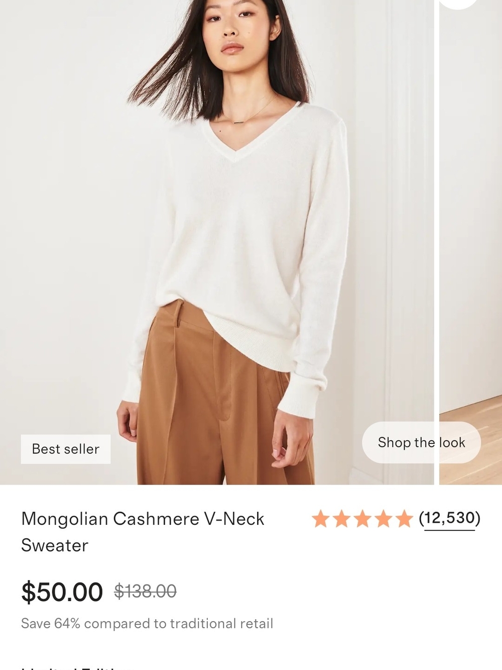Quince V-Neck Cashmere Sweater - Cream